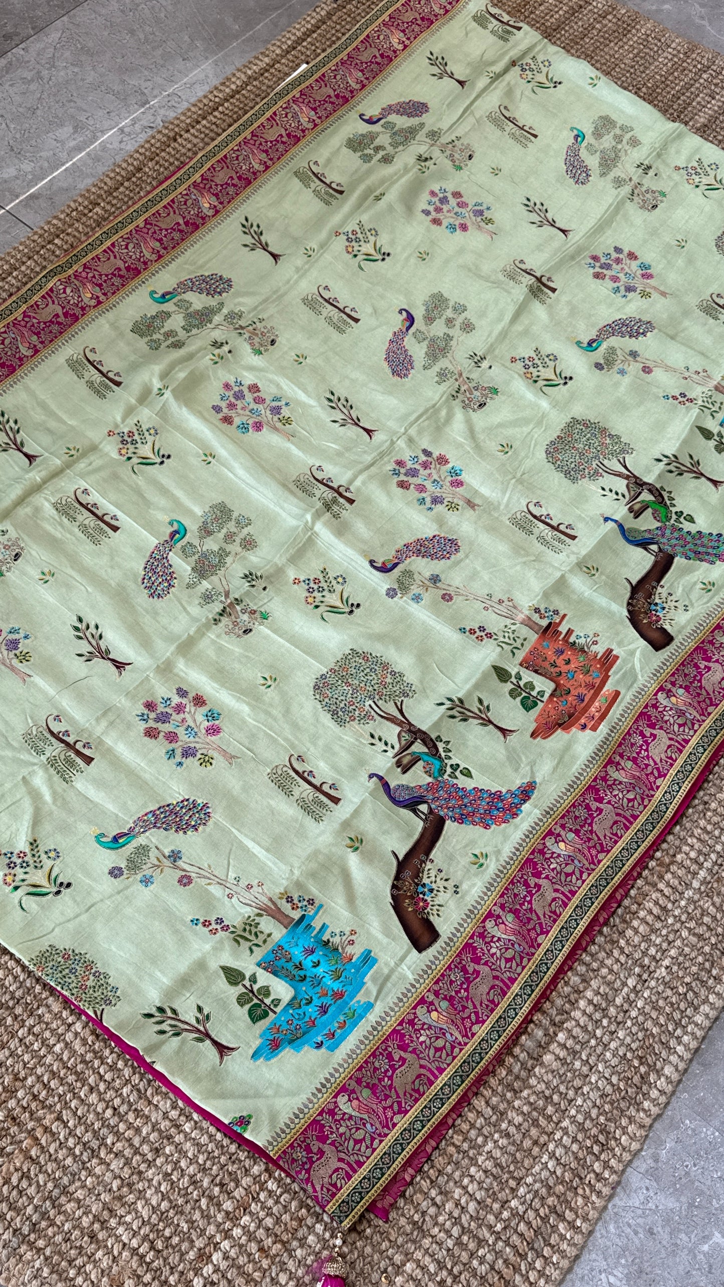A Kashmiri Pashmina Banarasi Handwoven Storytelling Sarees on Munga Silk - Baby Green