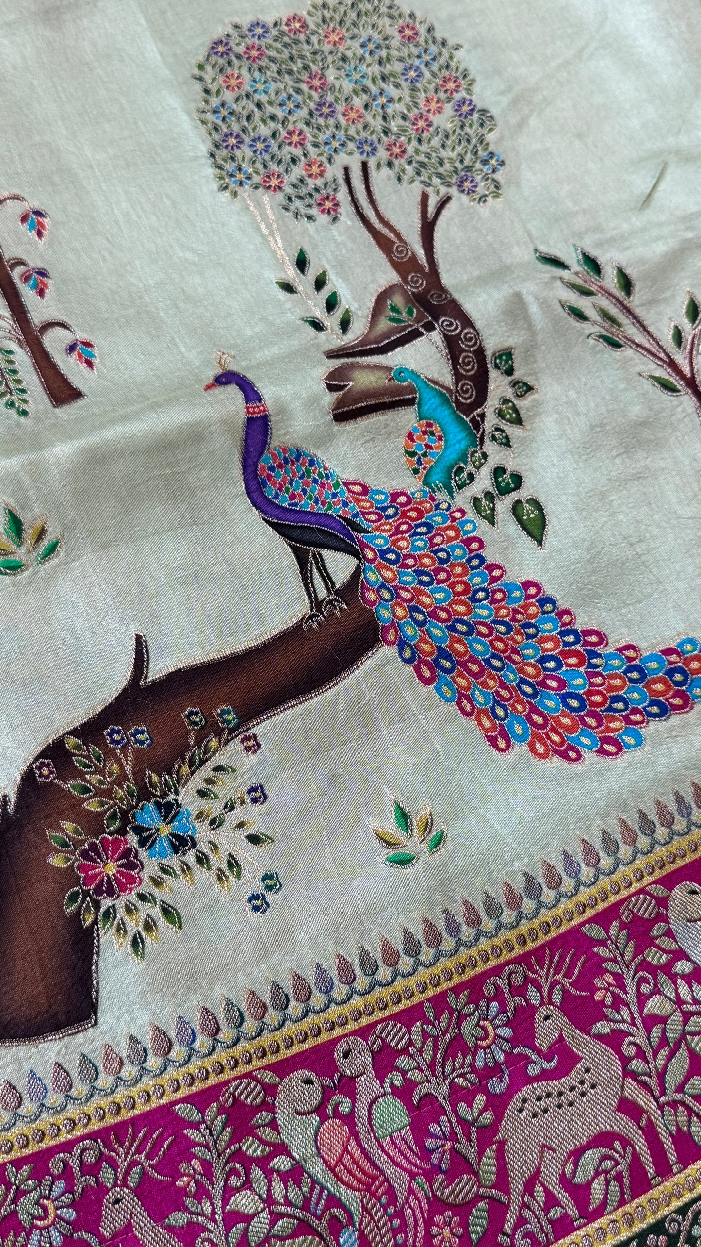 A Kashmiri Pashmina Banarasi Handwoven Storytelling Sarees on Munga Silk - Baby Green