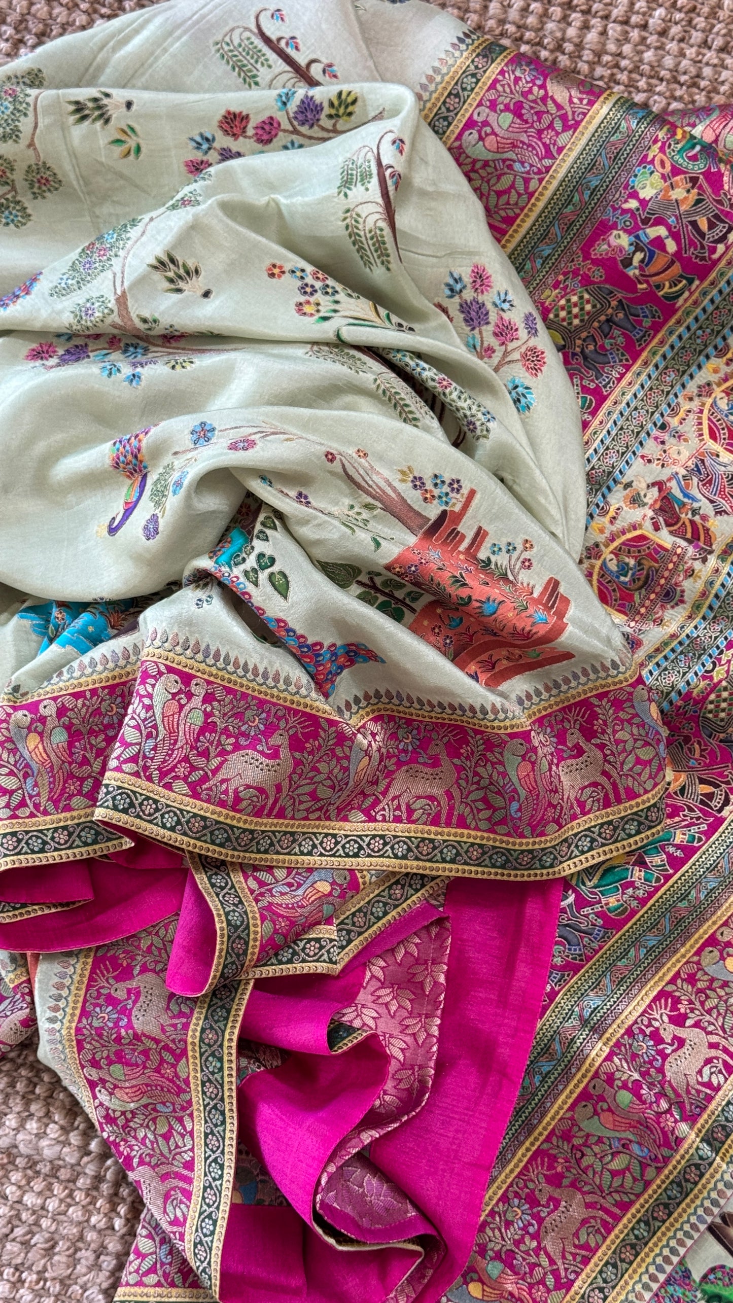 A Kashmiri Pashmina Banarasi Handwoven Storytelling Sarees on Munga Silk - Baby Green