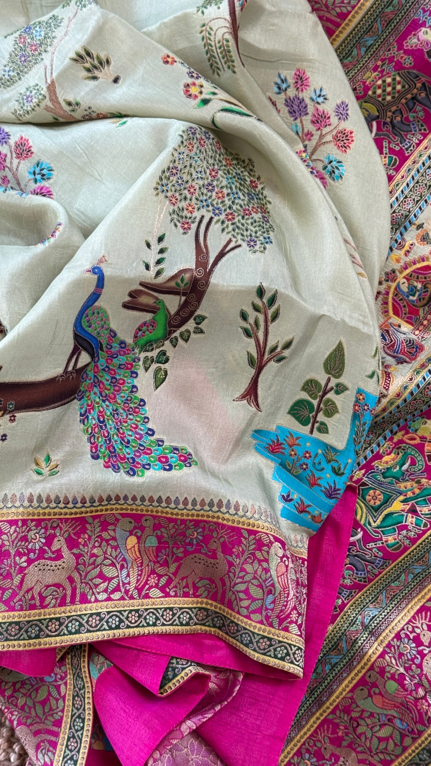 A Kashmiri Pashmina Banarasi Handwoven Storytelling Sarees on Munga Silk - Baby Green