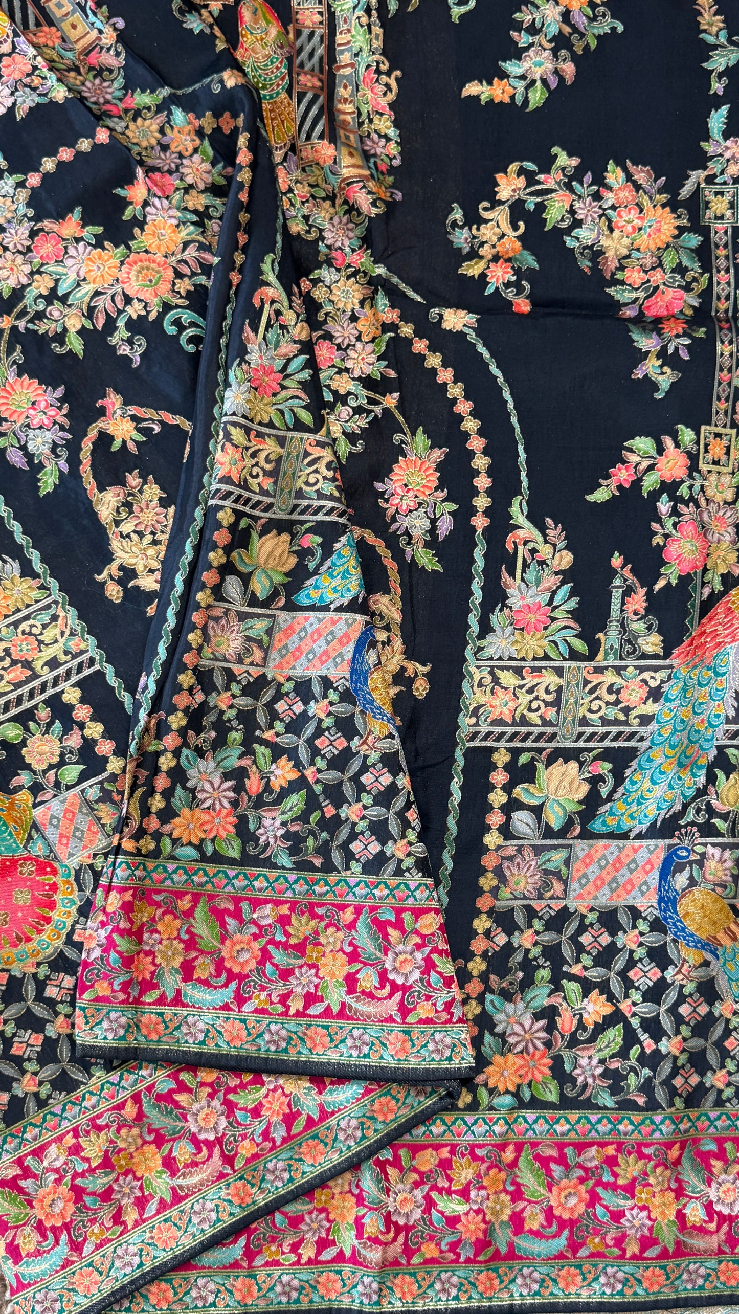 A Kashmiri Pashmina Banarasi Handwoven Storytelling Sarees - Black