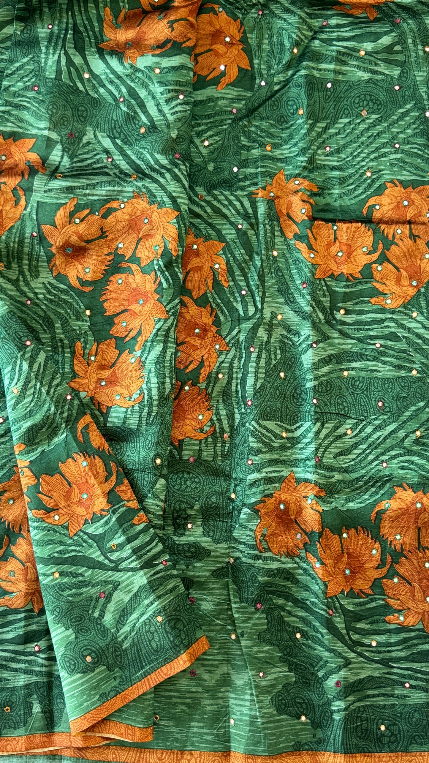 Mulberry silk saree - Batik Floral prints with Handwork - Green