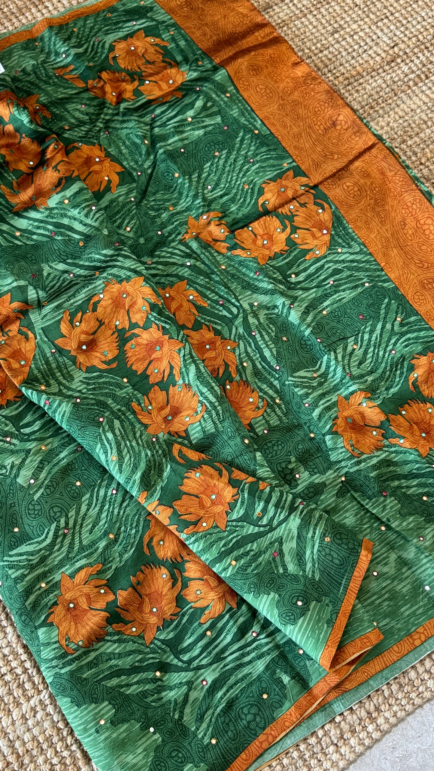 Mulberry silk saree - Batik Floral prints with Handwork - Green