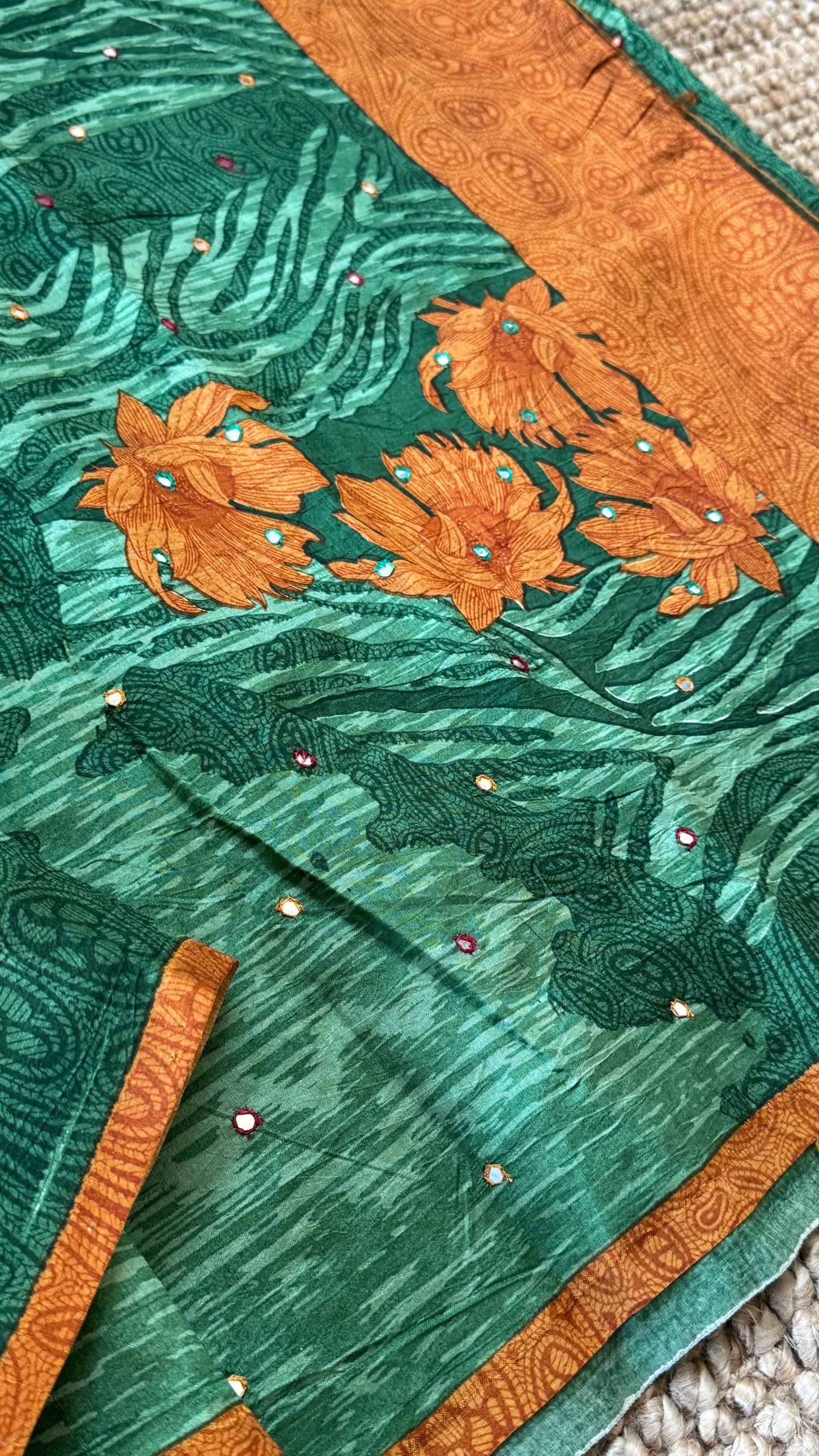 Mulberry silk saree - Batik Floral prints with Handwork - Green