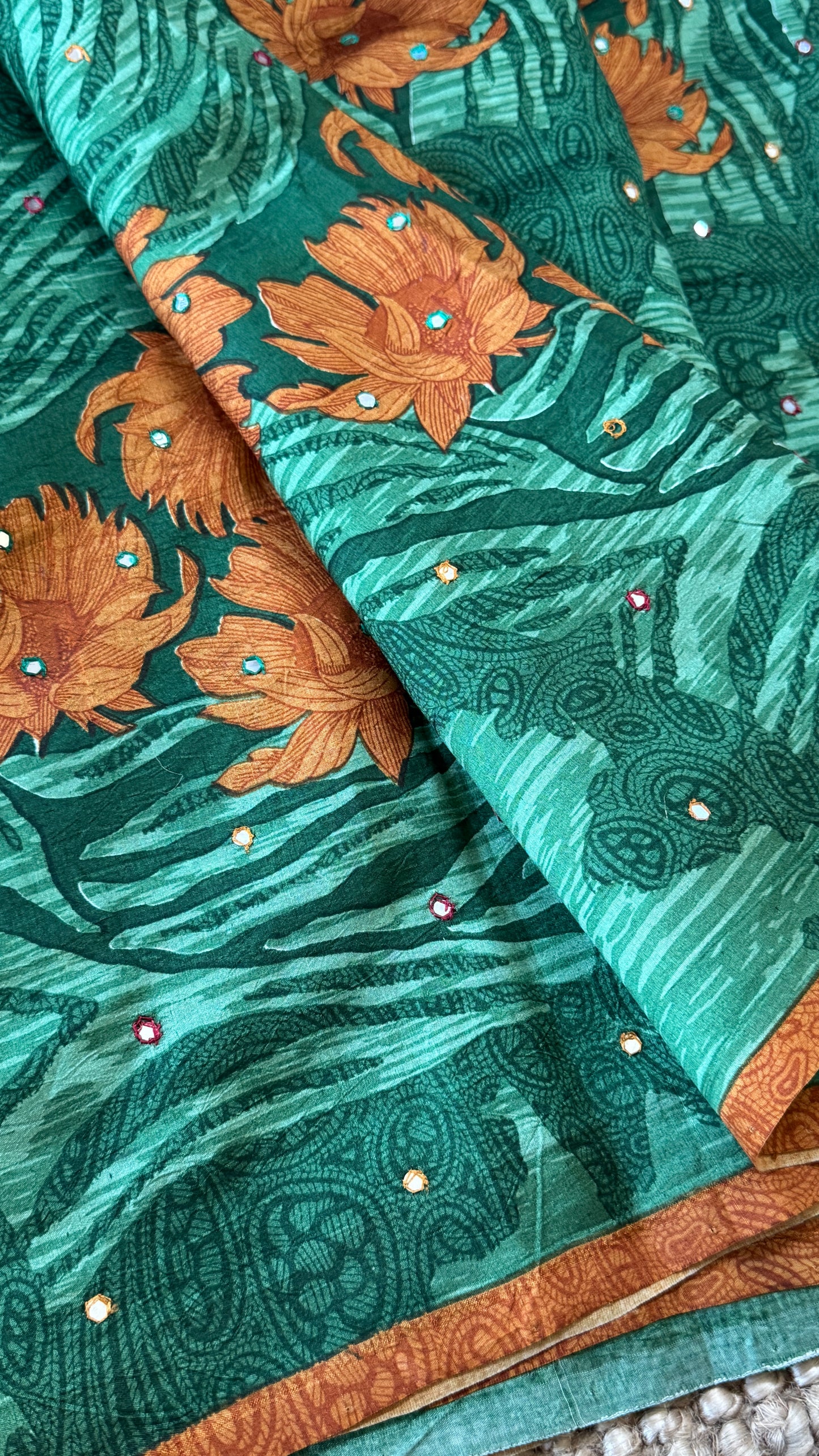 Mulberry silk saree - Batik Floral prints with Handwork - Green