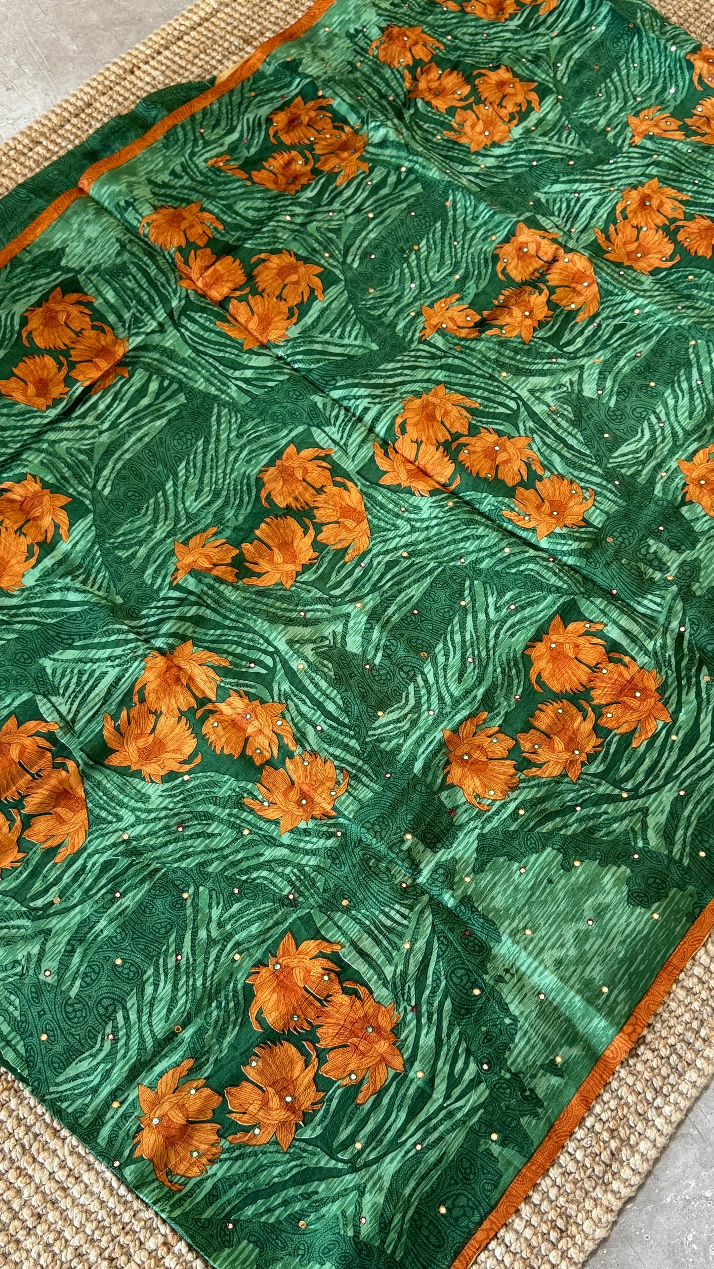 Mulberry silk saree - Batik Floral prints with Handwork - Green