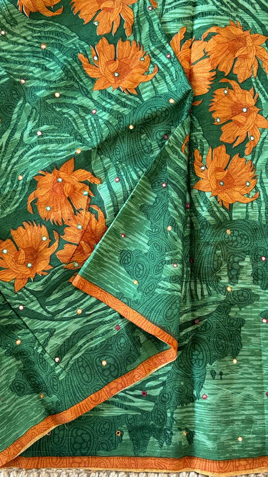 Mulberry silk saree - Batik Floral prints with Handwork - Green