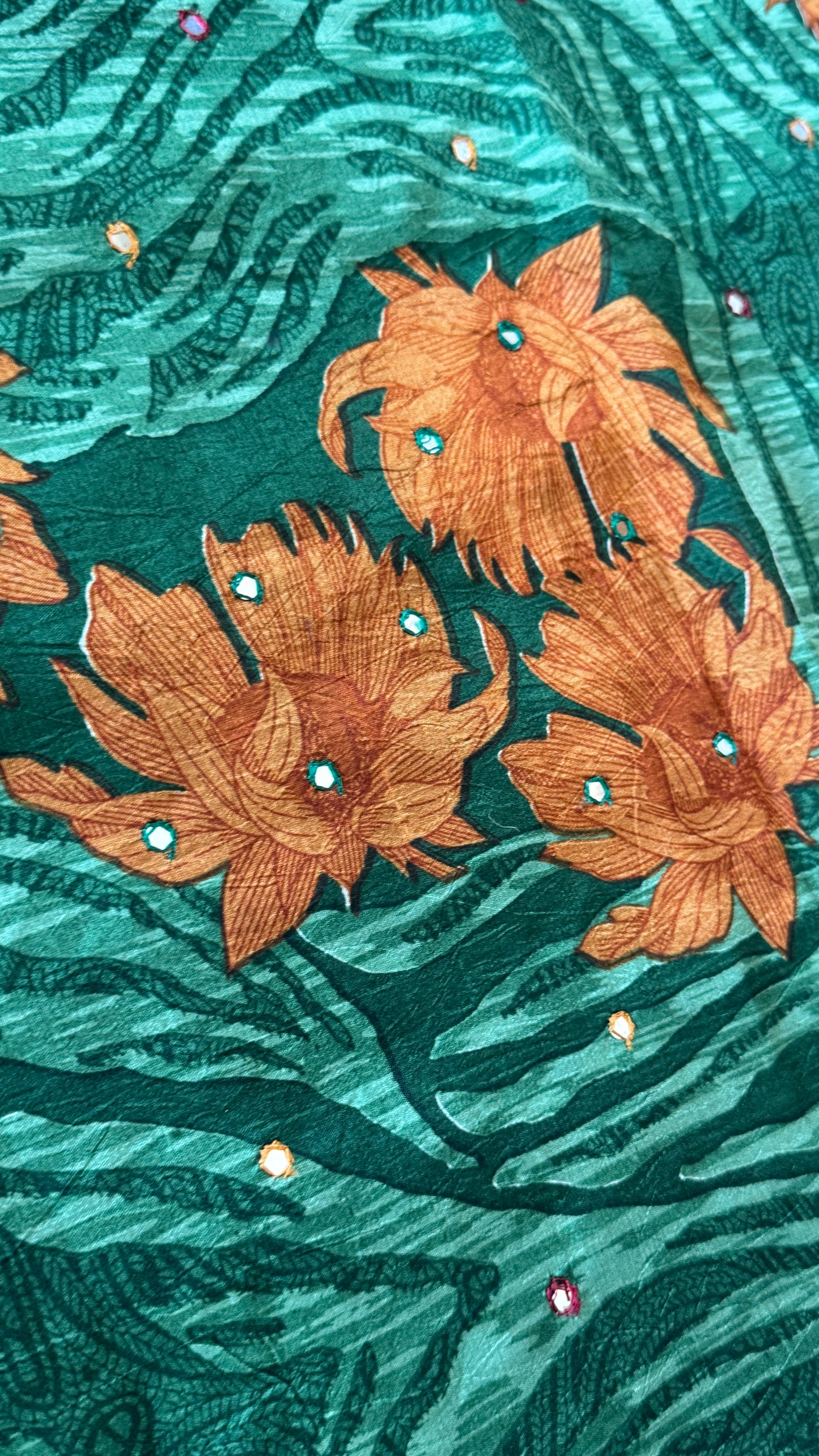 Mulberry silk saree - Batik Floral prints with Handwork - Green