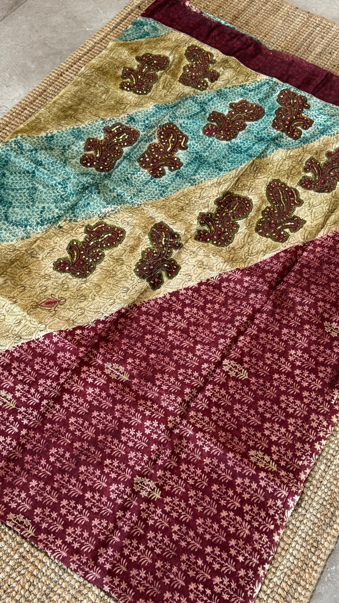 Mulberry silk saree – Partly Pallu concept - Ajrakh prints with Handwork - Green