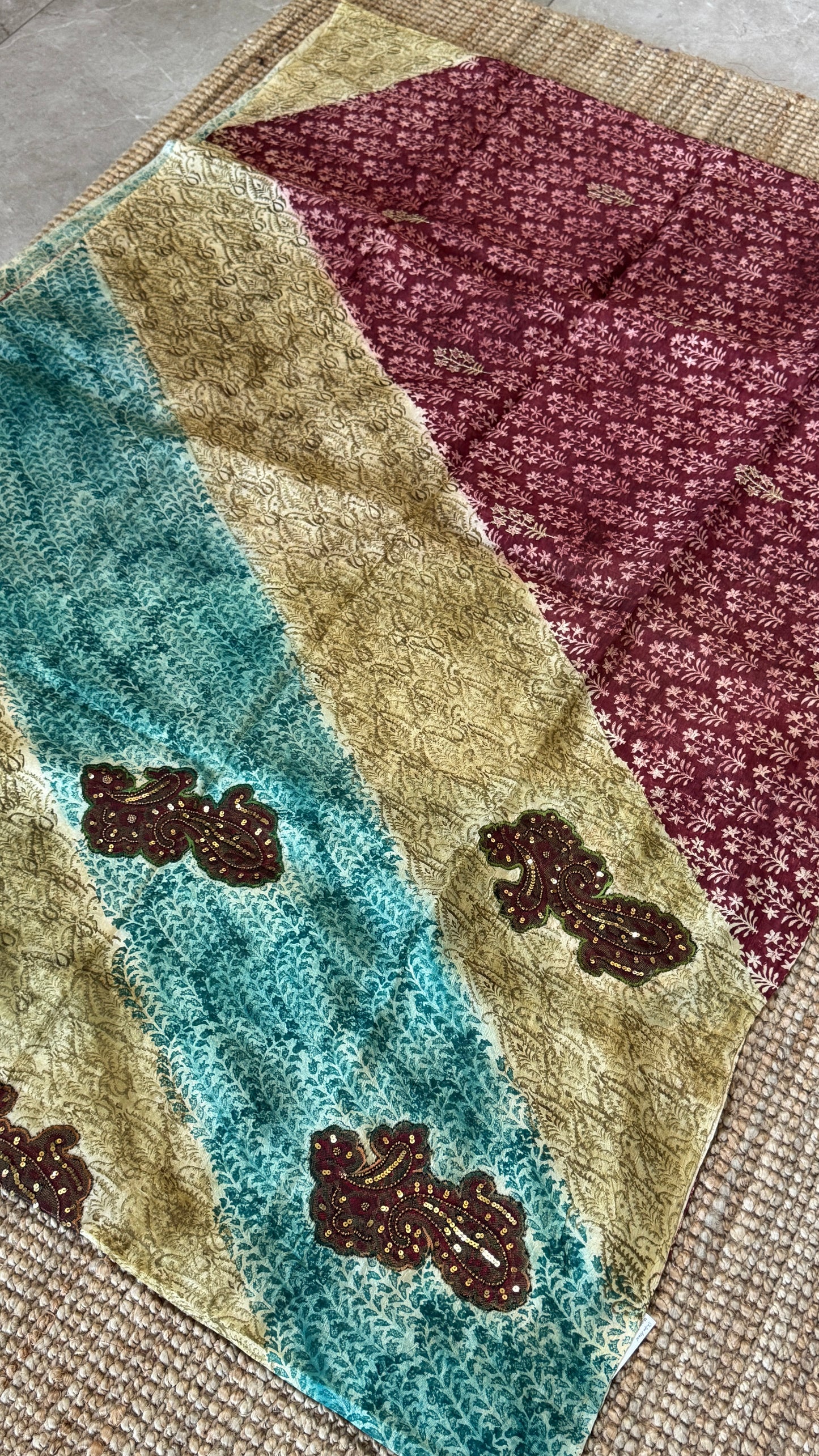 Mulberry silk saree – Partly Pallu concept - Ajrakh prints with Handwork - Green
