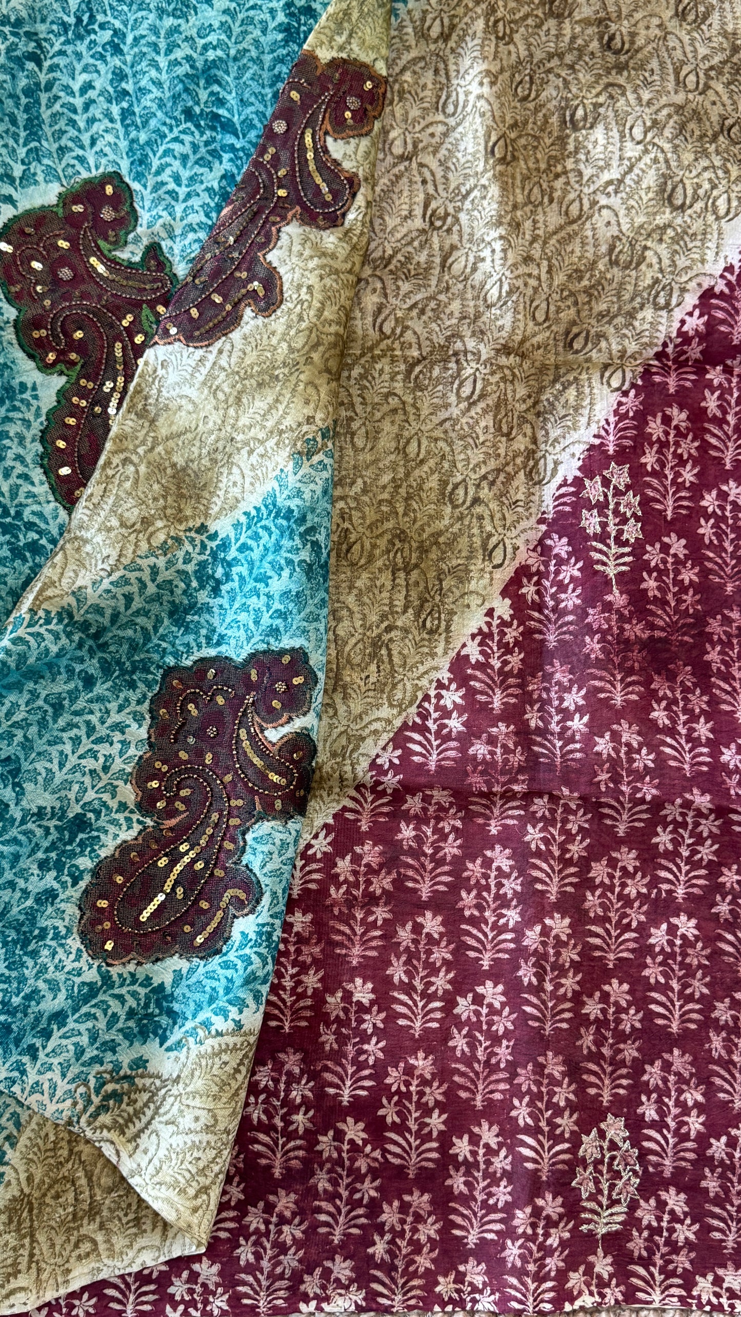 Mulberry silk saree – Partly Pallu concept - Ajrakh prints with Handwork - Green