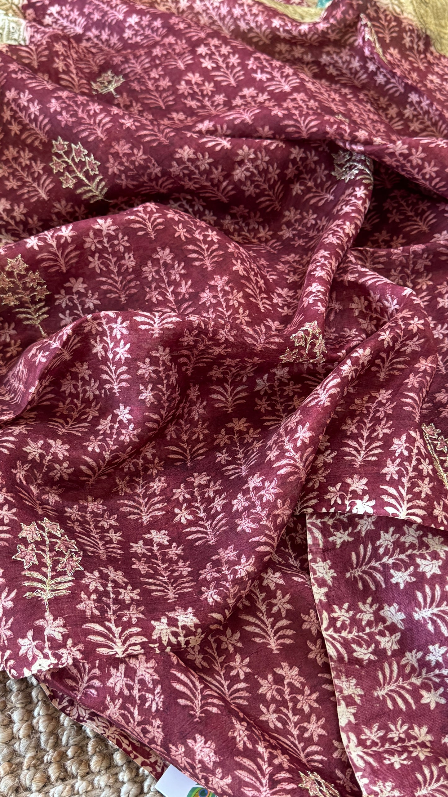 Mulberry silk saree – Partly Pallu concept - Ajrakh prints with Handwork - Green