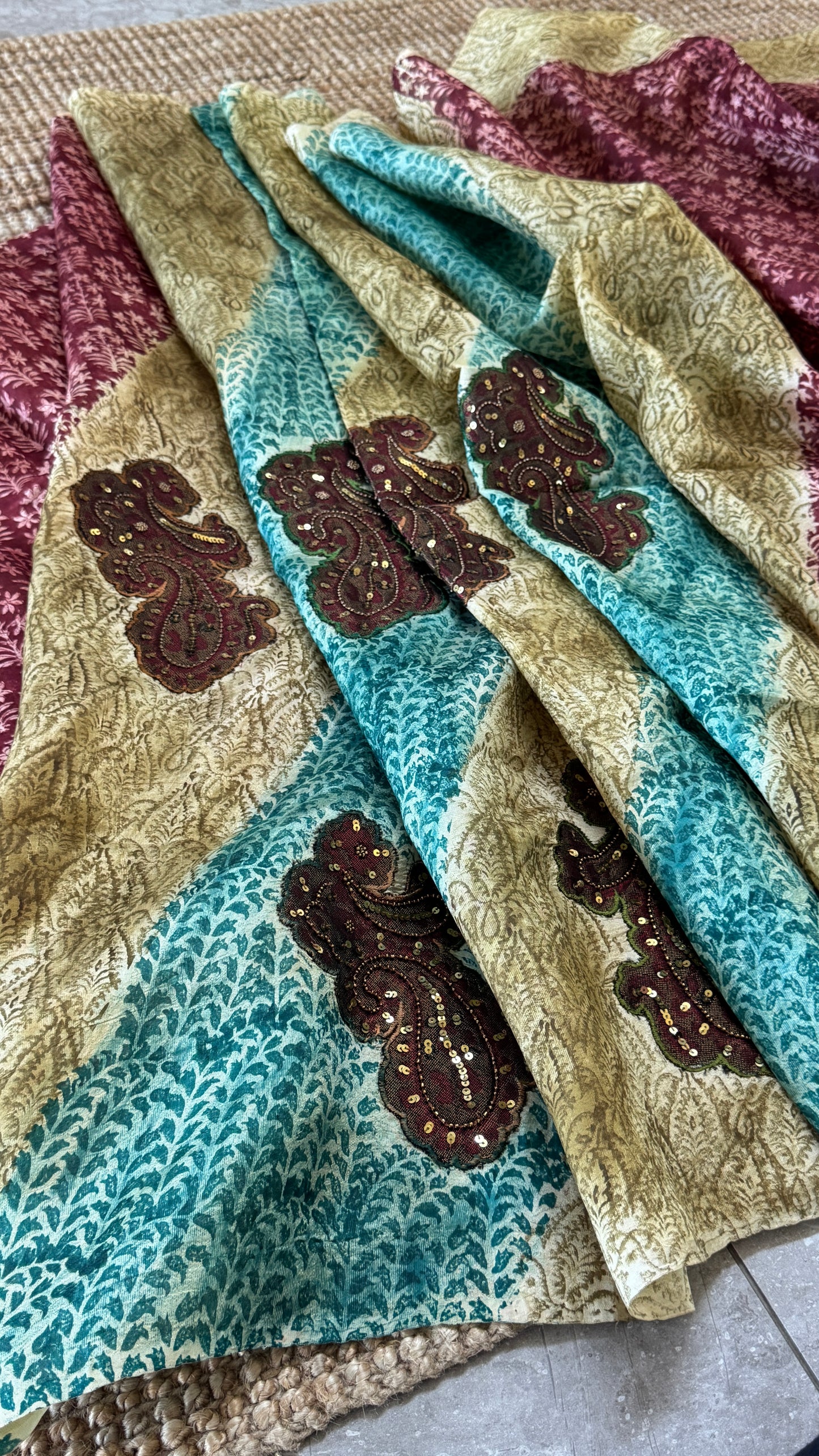 Mulberry silk saree – Partly Pallu concept - Ajrakh prints with Handwork - Green