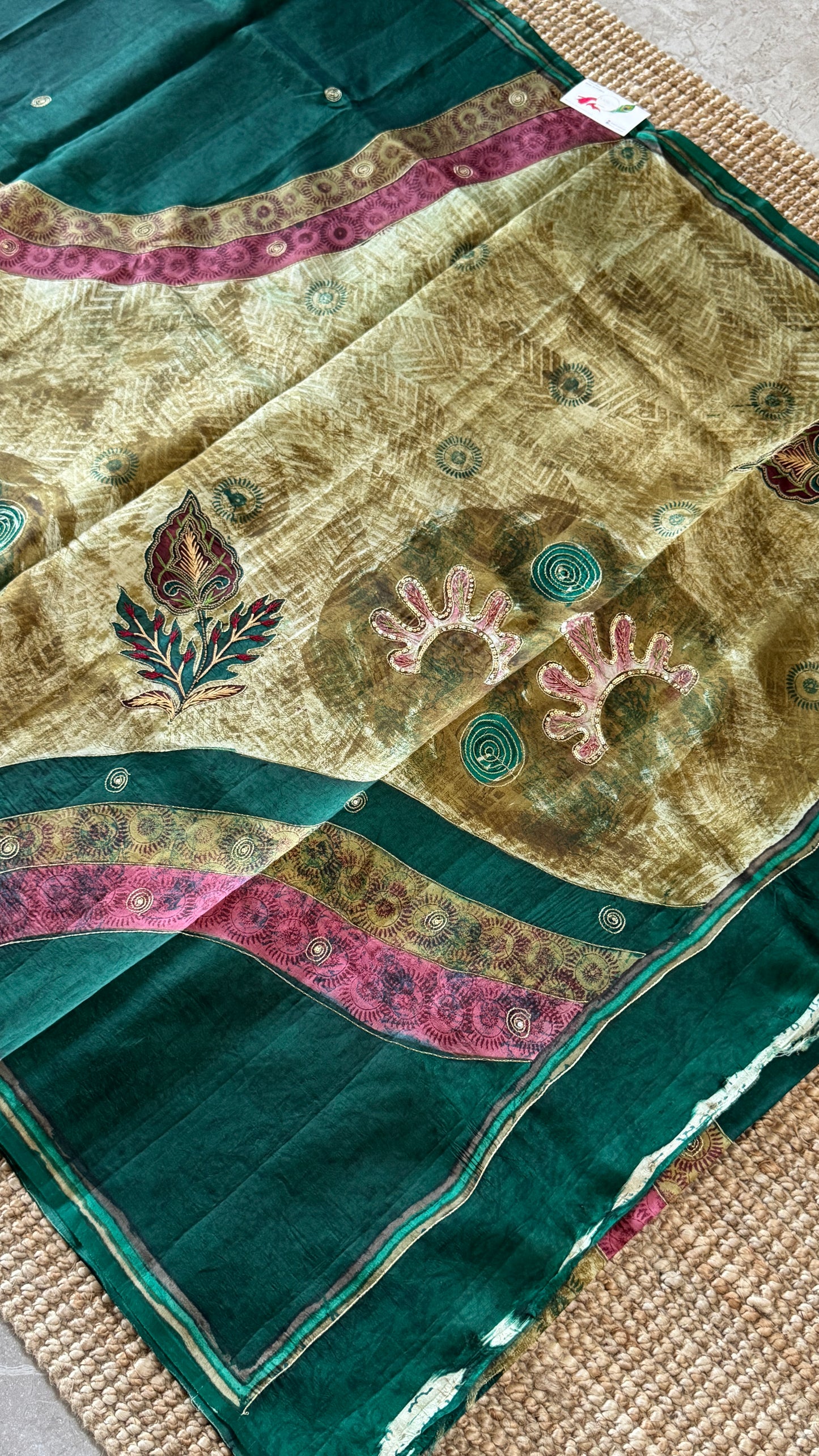 Mulberry silk saree – Batik prints with Handwork - Green