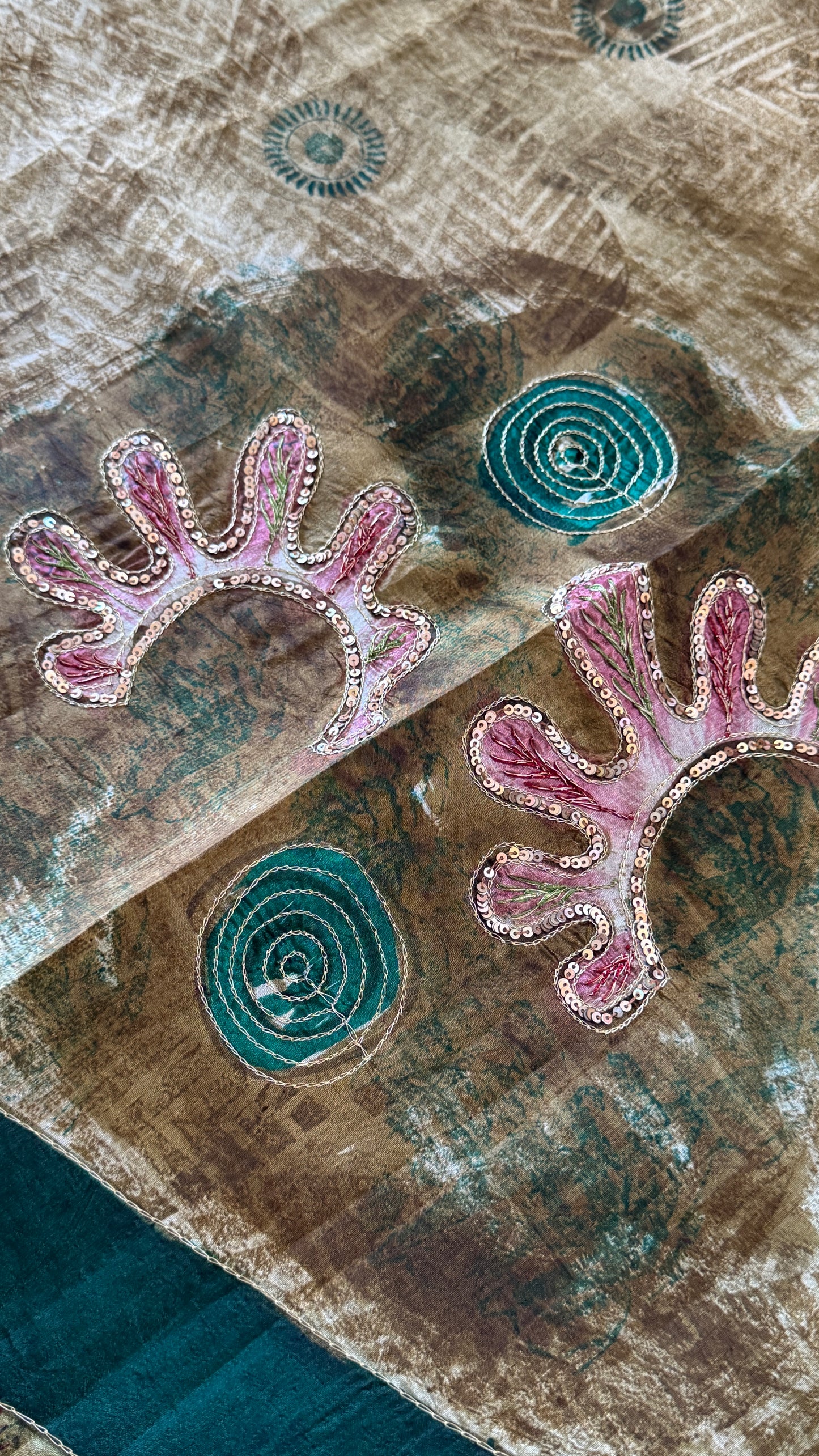 Mulberry silk saree – Batik prints with Handwork - Green