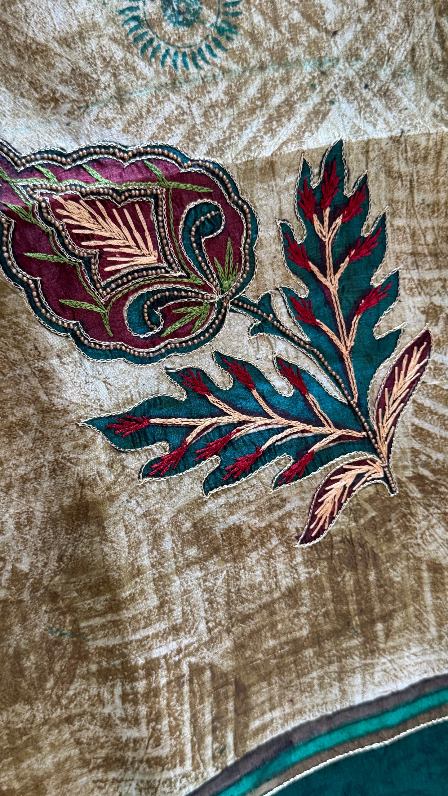 Mulberry silk saree – Batik prints with Handwork - Green