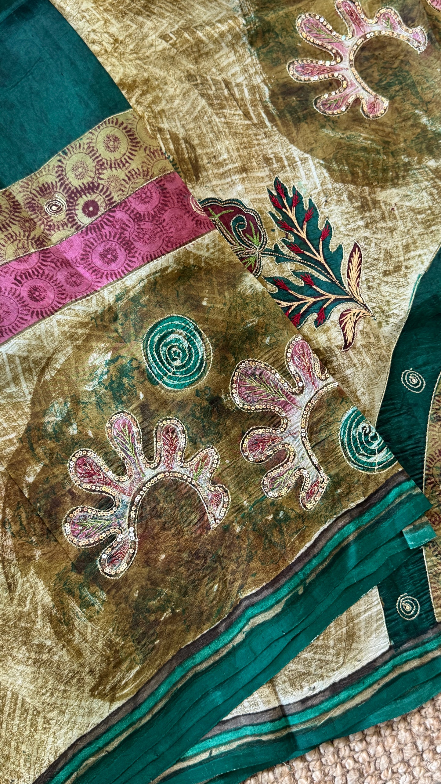Mulberry silk saree – Batik prints with Handwork - Green