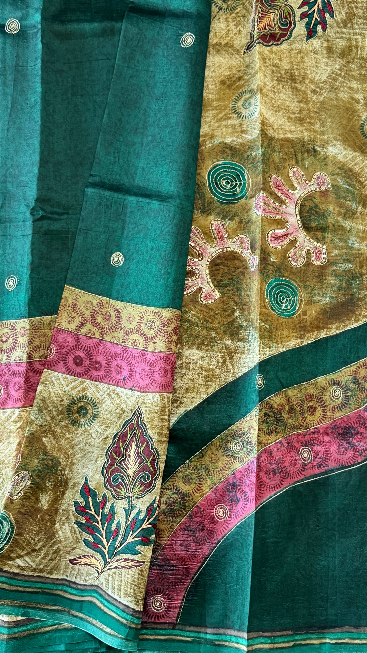 Mulberry silk saree – Batik prints with Handwork - Green