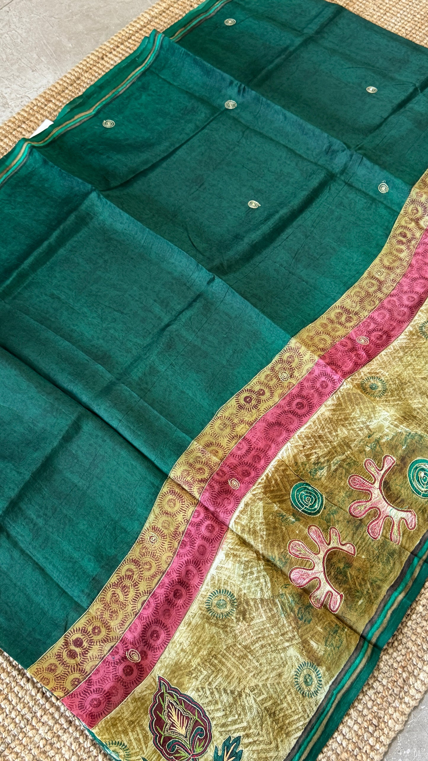 Mulberry silk saree – Batik prints with Handwork - Green