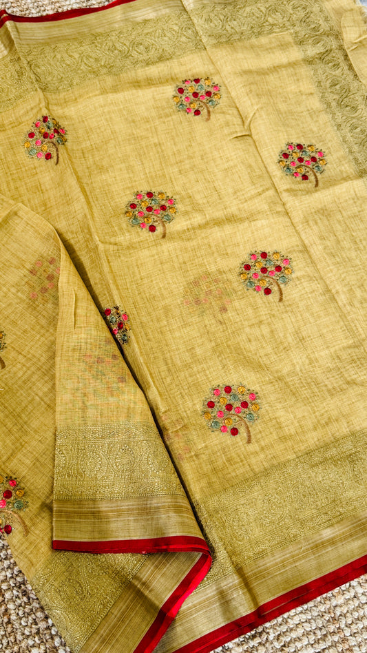 Embroidered Jute Linen Sarees β Effortless Elegance, Everyday Luxury - Yellow