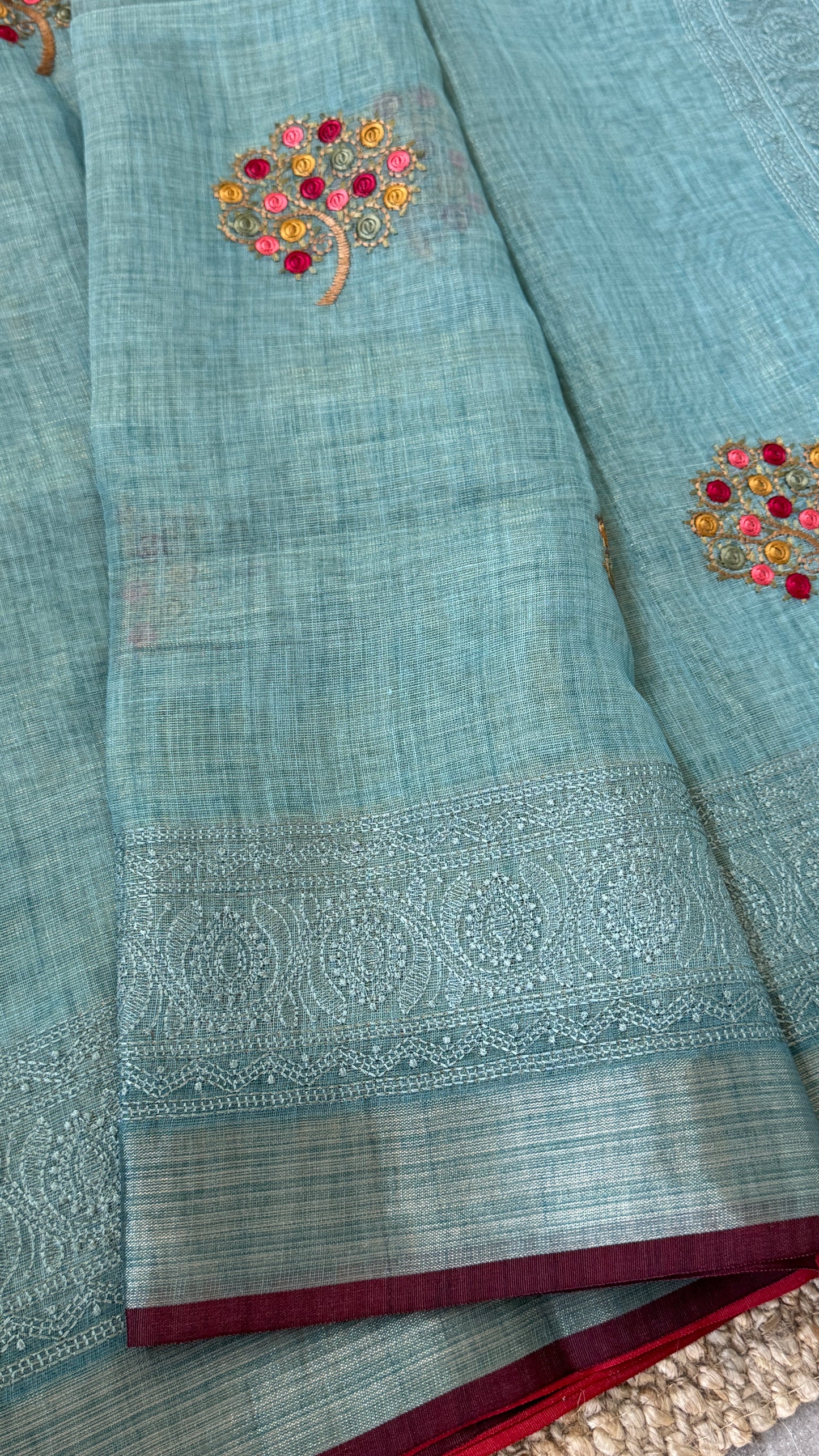 Embroidered Jute Linen Sarees – Effortless Elegance, Everyday Luxury - Blue