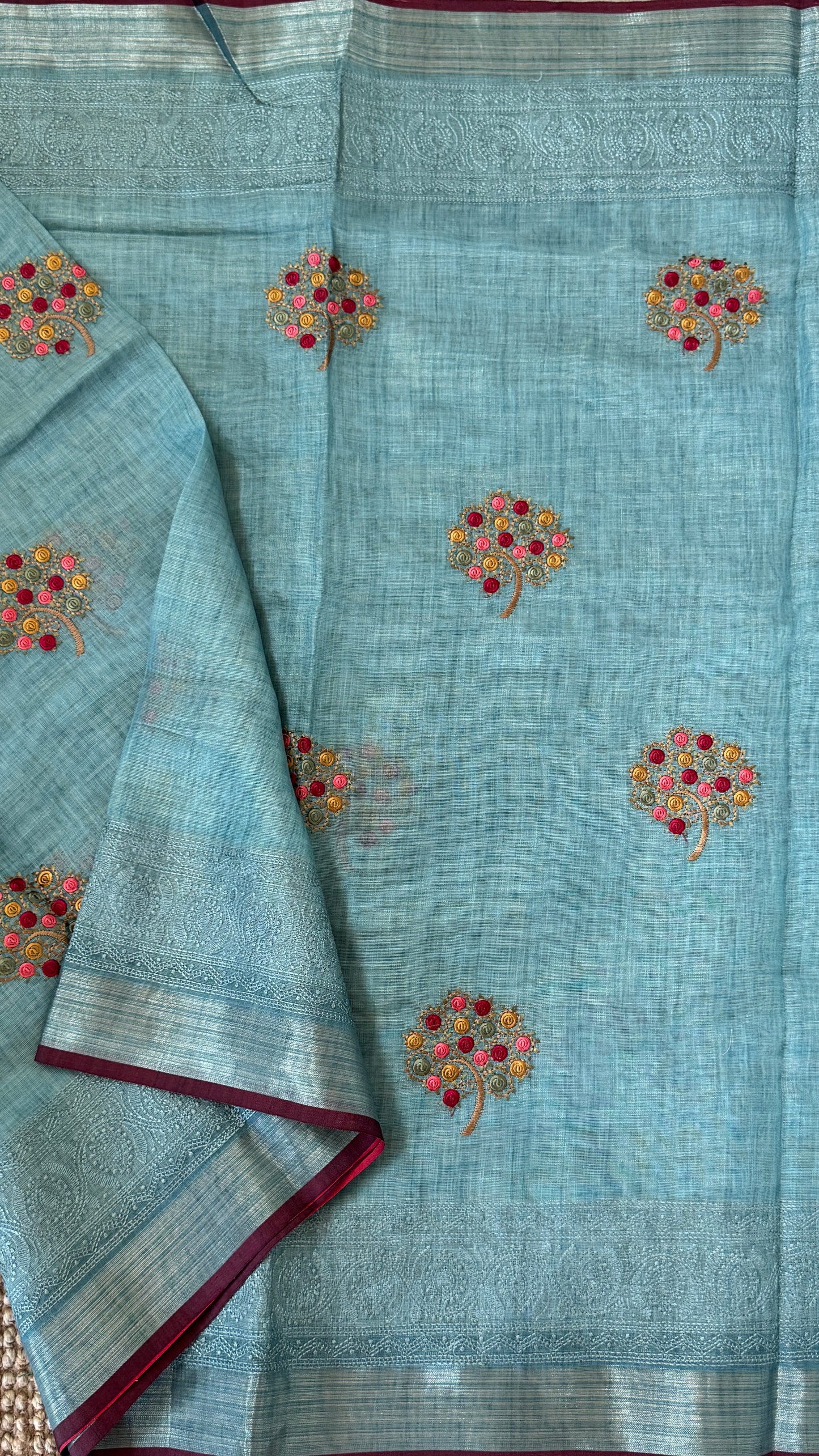 Embroidered Jute Linen Sarees – Effortless Elegance, Everyday Luxury - Blue