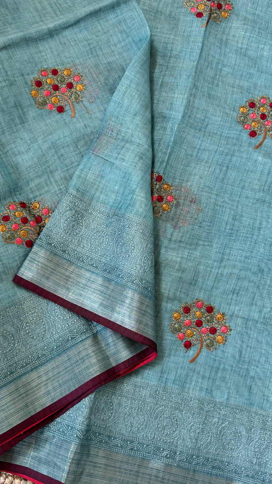 Embroidered Jute Linen Sarees β Effortless Elegance, Everyday Luxury - Blue