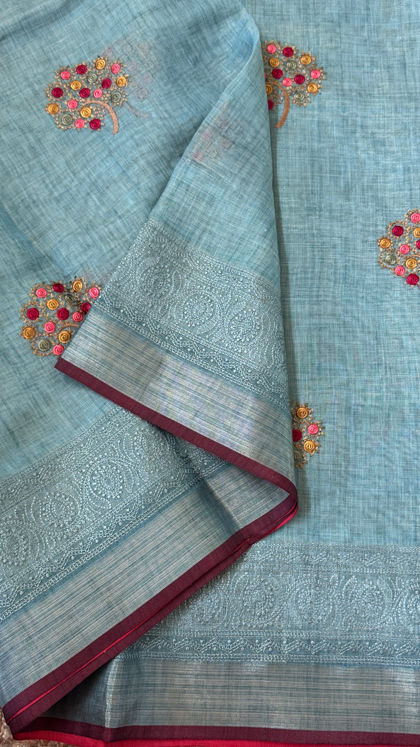 Embroidered Jute Linen Sarees – Effortless Elegance, Everyday Luxury - Blue