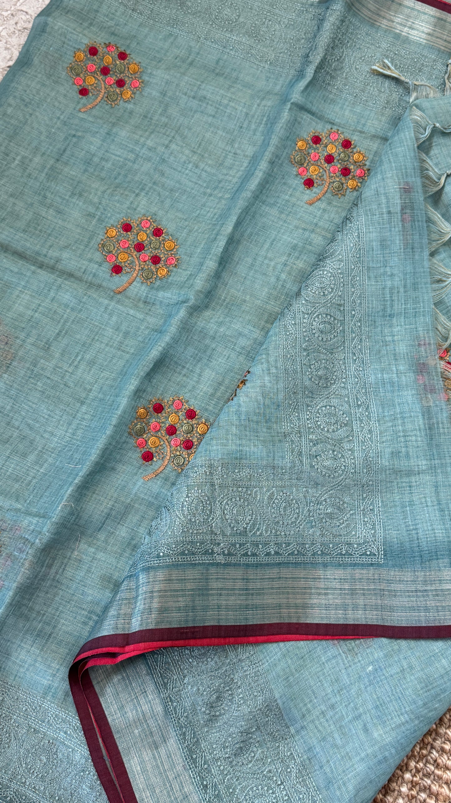 Embroidered Jute Linen Sarees – Effortless Elegance, Everyday Luxury - Blue