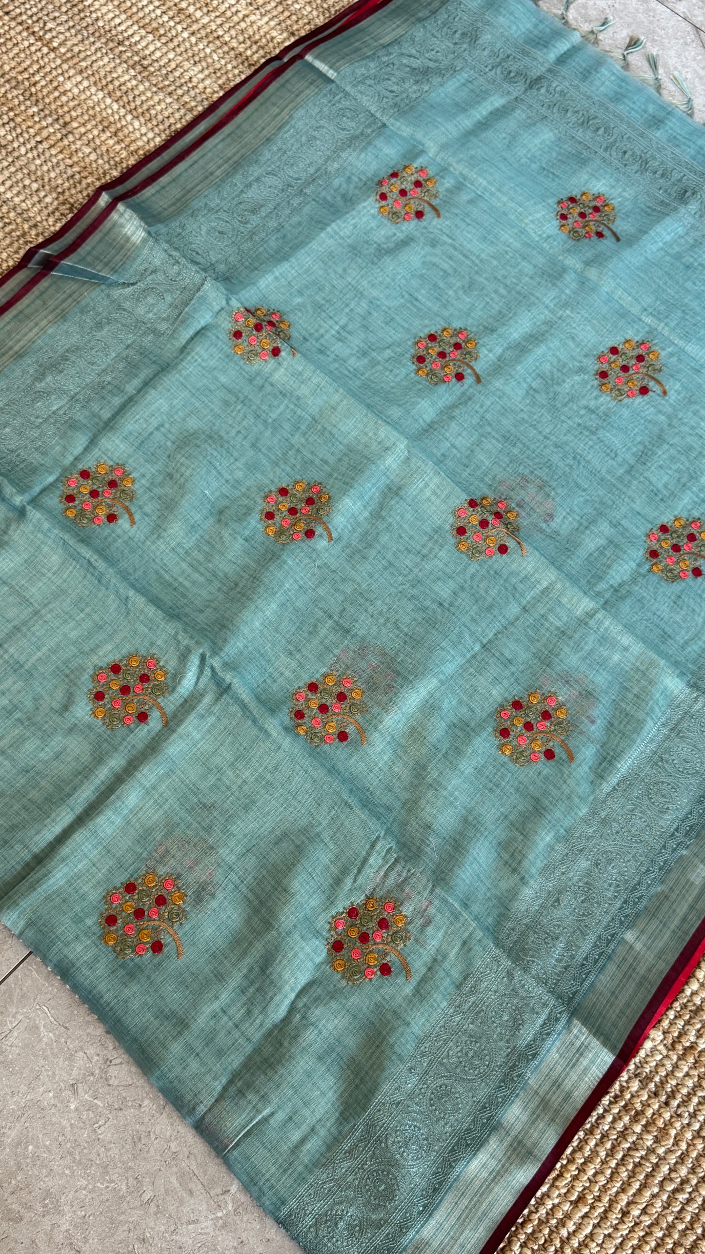 Embroidered Jute Linen Sarees – Effortless Elegance, Everyday Luxury - Blue