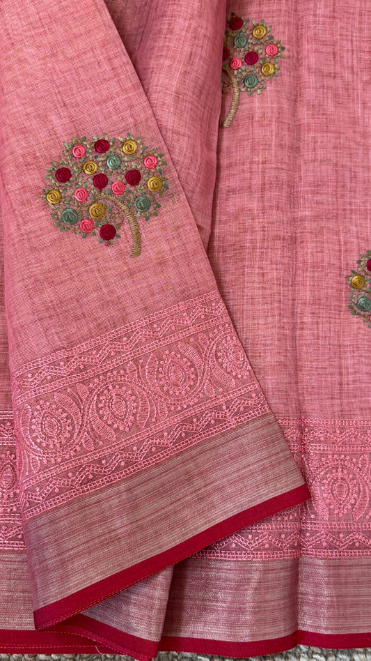 Embroidered Jute Linen Sarees β Effortless Elegance, Everyday Luxury - Peach
