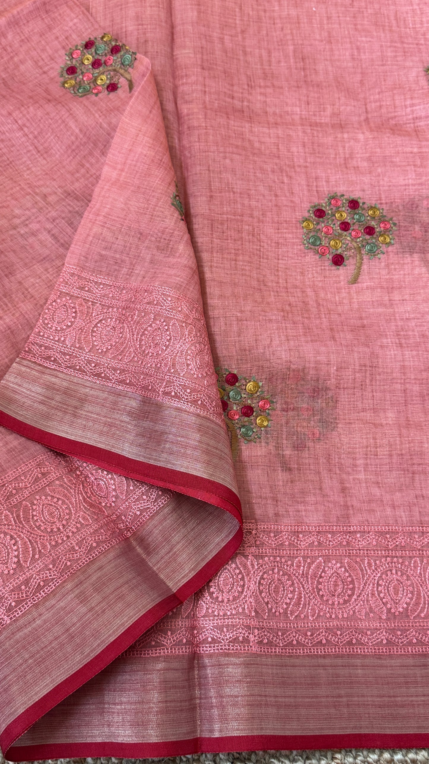 Embroidered Jute Linen Sarees – Effortless Elegance, Everyday Luxury - Peach