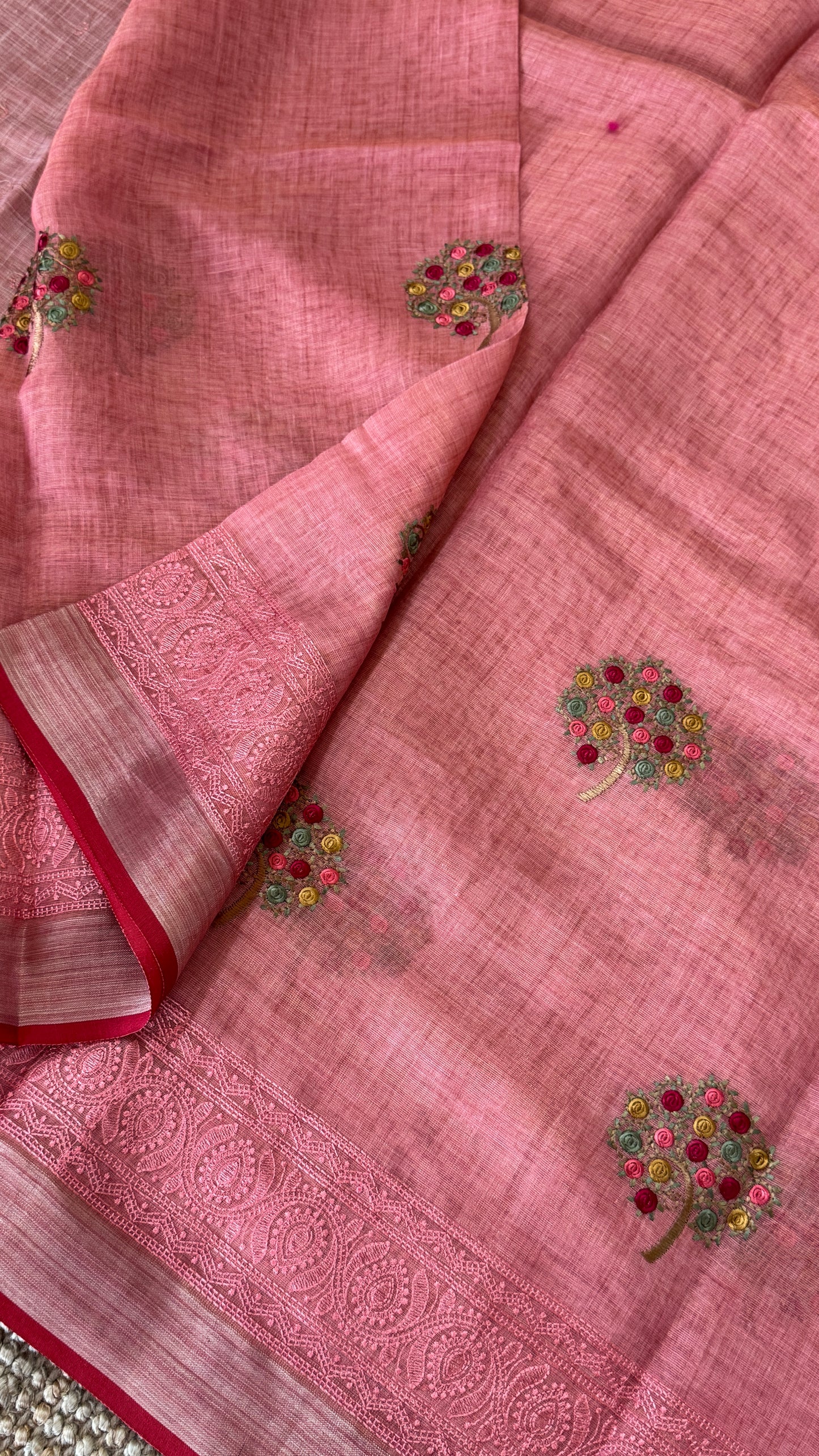 Embroidered Jute Linen Sarees – Effortless Elegance, Everyday Luxury - Peach