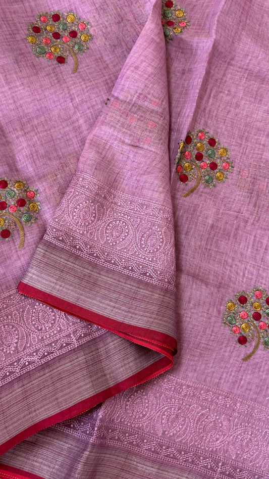 Embroidered Jute Linen Sarees β Effortless Elegance, Everyday Luxury - Pink