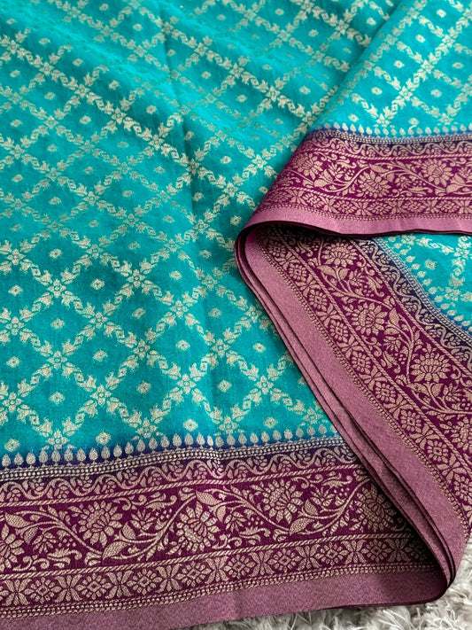 Pure Georgette Silk Banarasi Saree β Rama Blue with Purple border