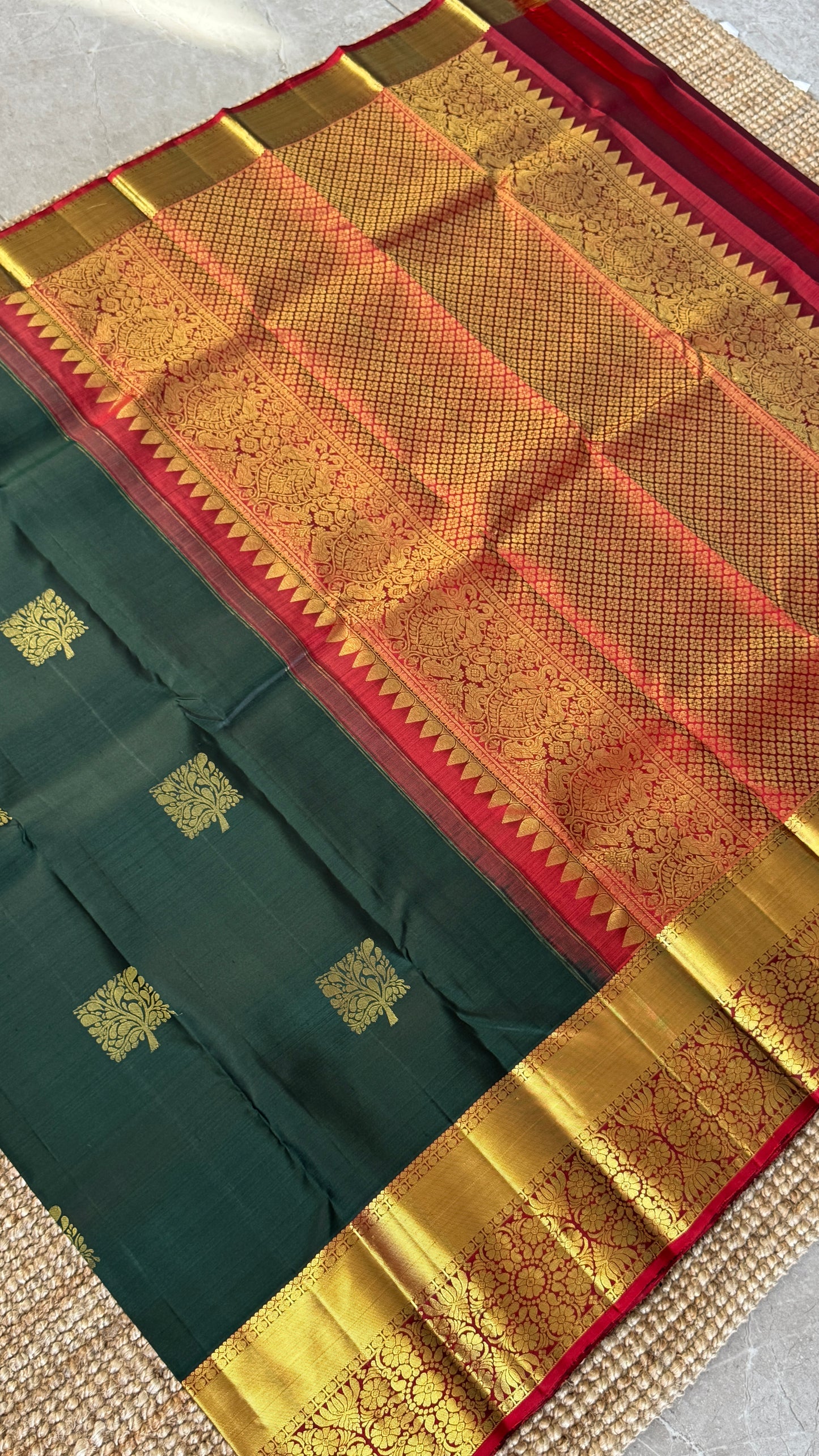 KANJIVARAM PURE SILK HANDLOOM SAREE in Bottle Green and contrast Red Pallu and Border