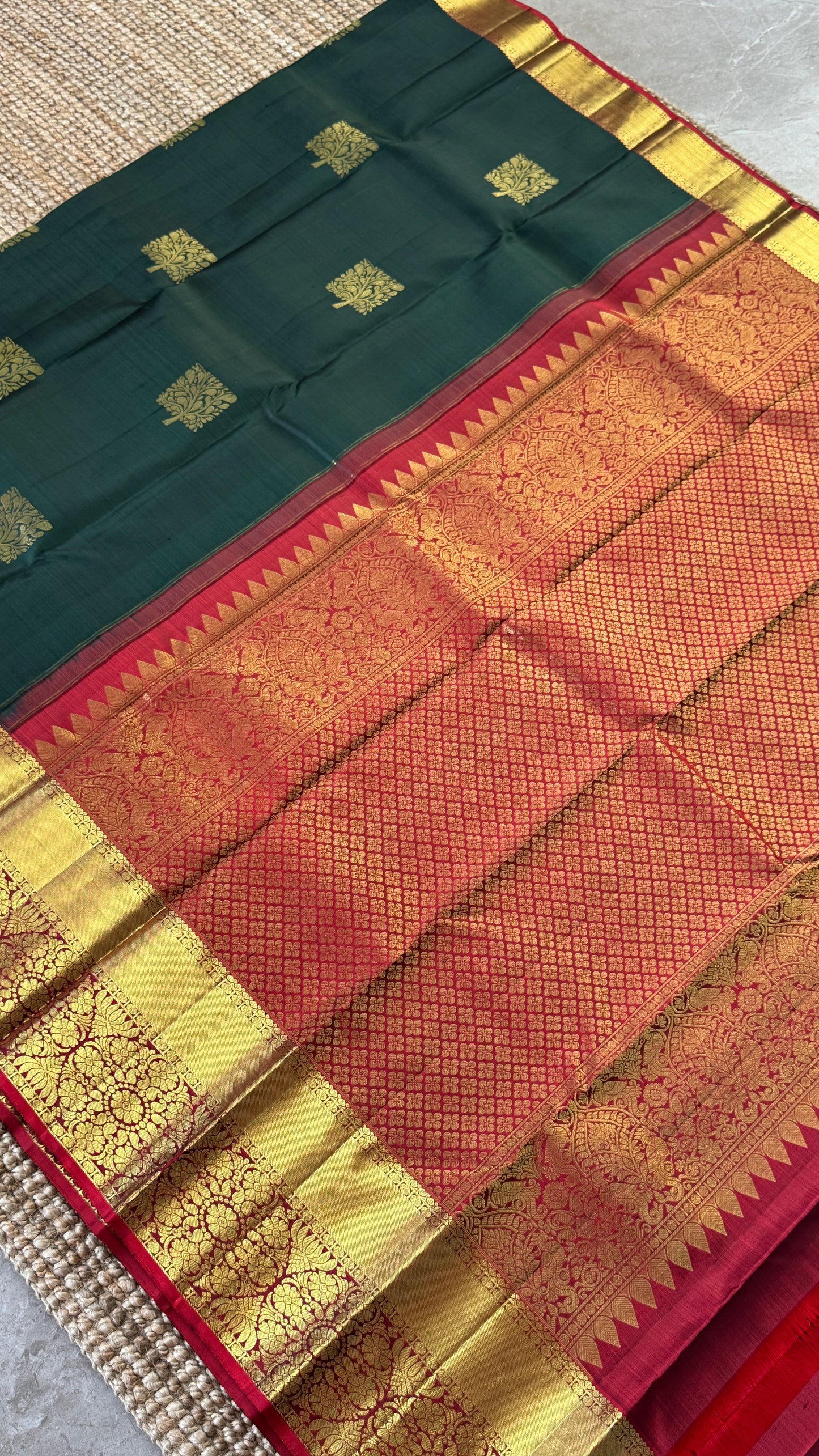 KANJIVARAM PURE SILK HANDLOOM SAREE in Bottle Green and contrast Red Pallu and Border
