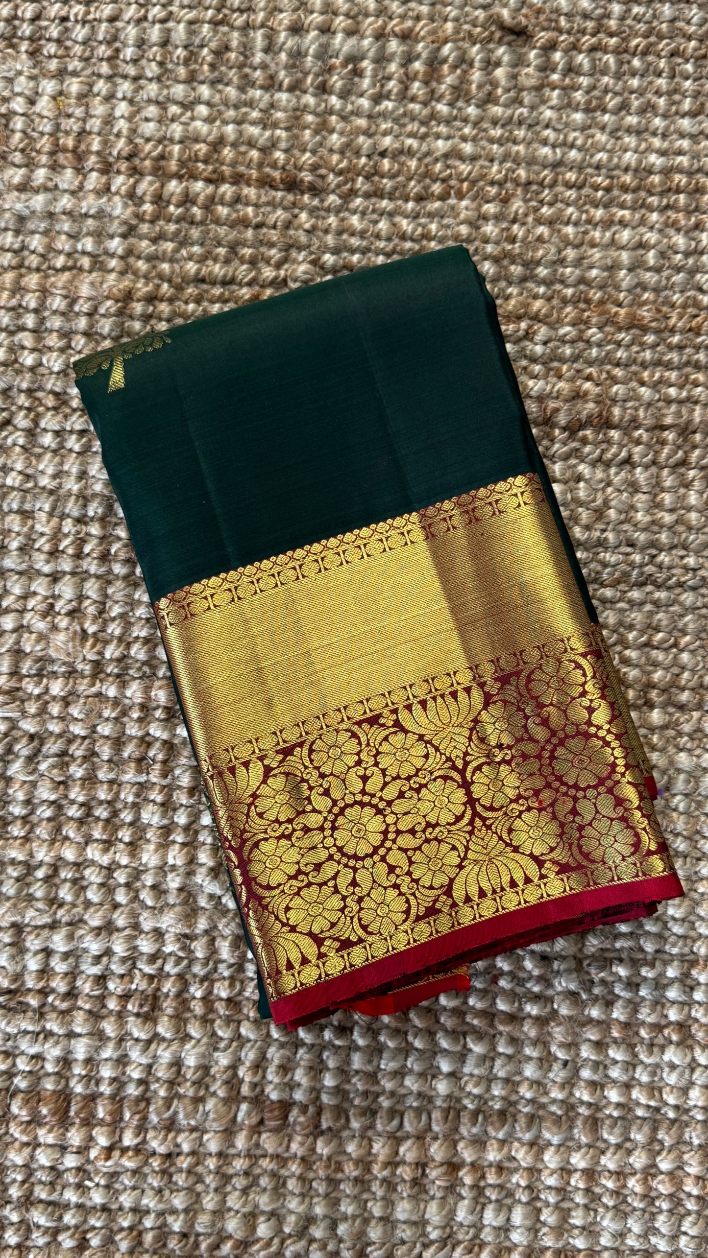 KANJIVARAM PURE SILK HANDLOOM SAREE in Bottle Green and contrast Red Pallu and Border