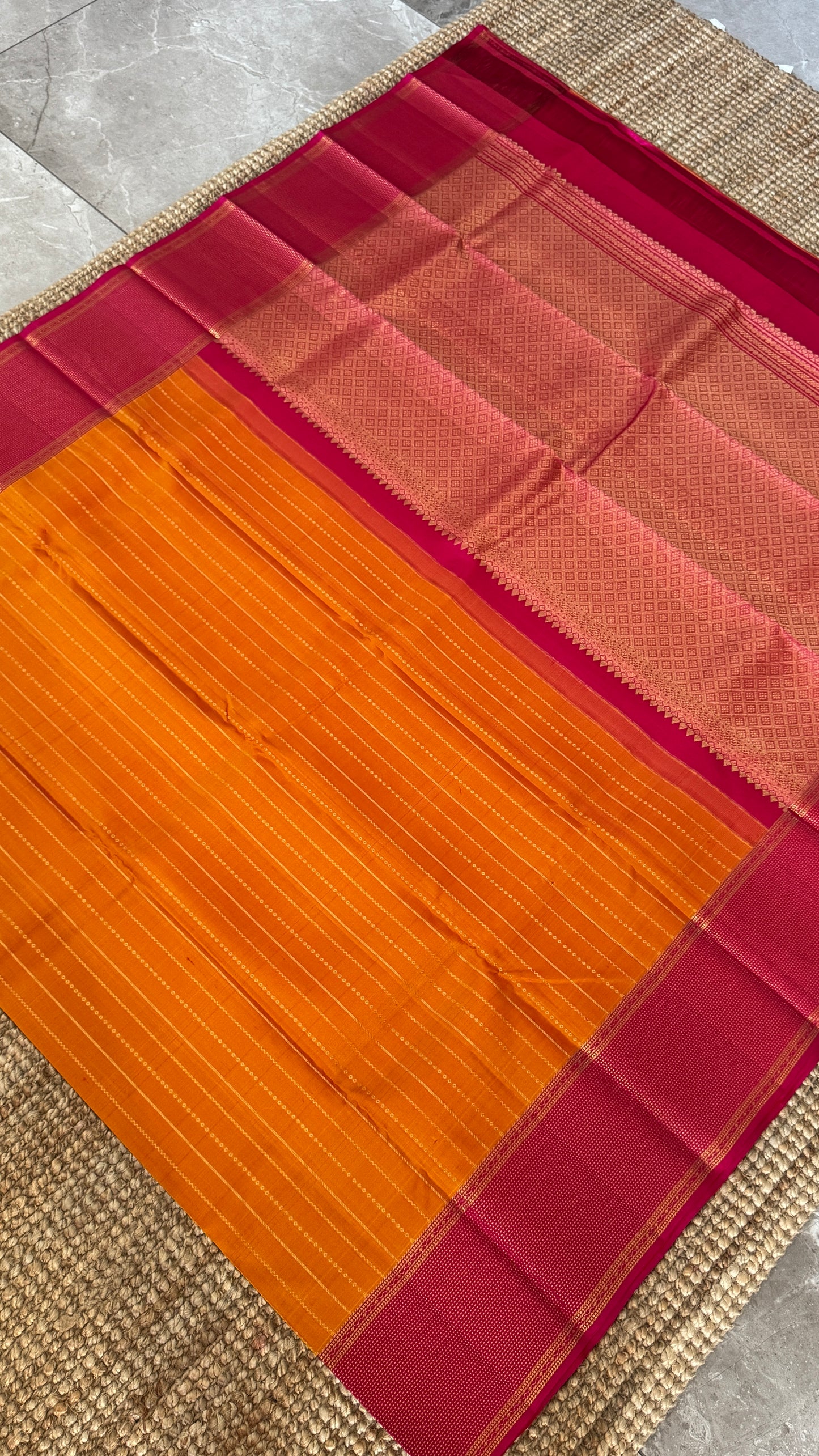 KANJIVARAM PURE SILK HANDLOOM SAREE in Mustard Yellow and contrast Pink Border and Pallu