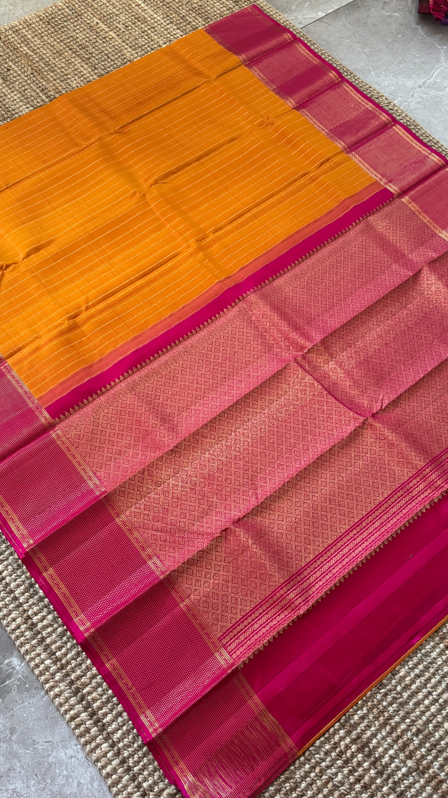 KANJIVARAM PURE SILK HANDLOOM SAREE in Mustard Yellow and contrast Pink Border and Pallu