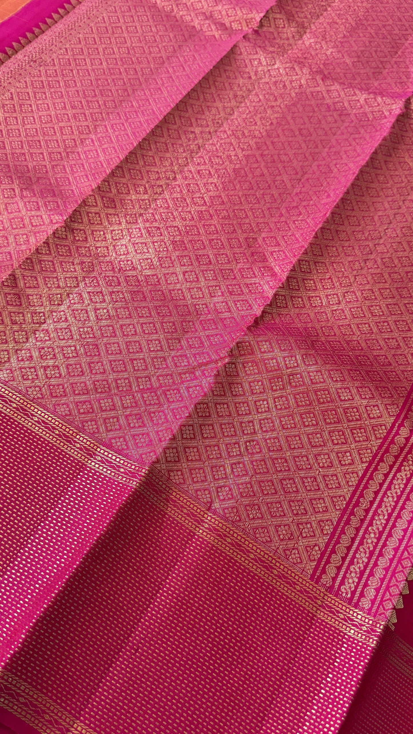 KANJIVARAM PURE SILK HANDLOOM SAREE in Mustard Yellow and contrast Pink Border and Pallu