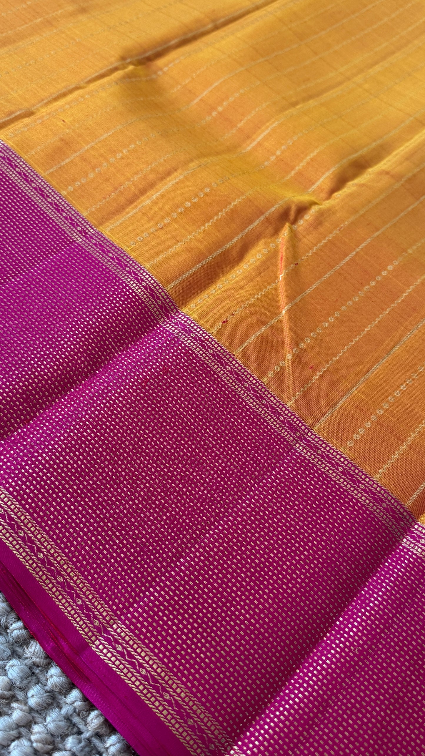 KANJIVARAM PURE SILK HANDLOOM SAREE in Mustard Yellow and contrast Pink Border and Pallu