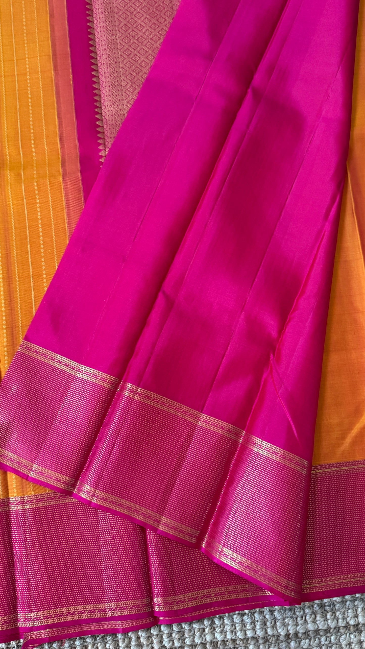 KANJIVARAM PURE SILK HANDLOOM SAREE in Mustard Yellow and contrast Pink Border and Pallu