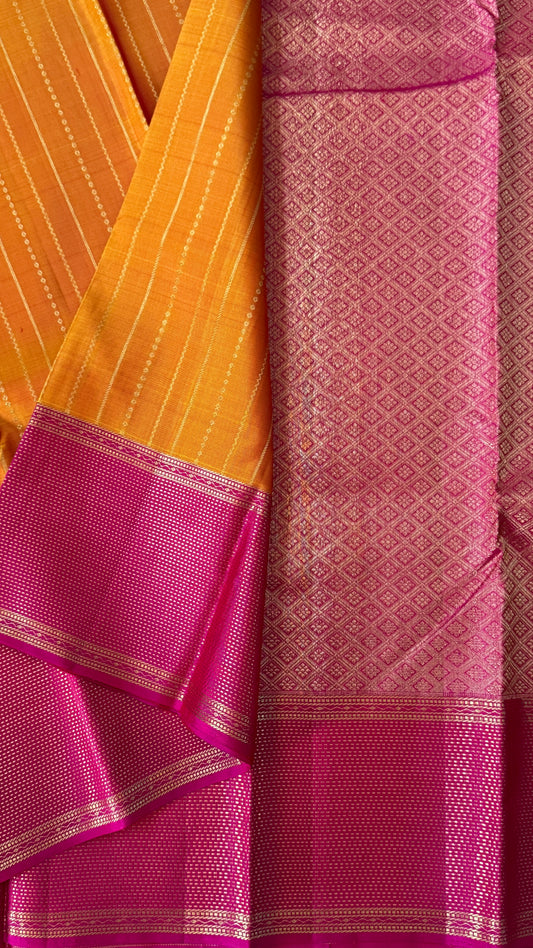 KANJIVARAM PURE SILK HANDLOOM SAREE in Mustard Yellow and contrast Pink Border and Pallu