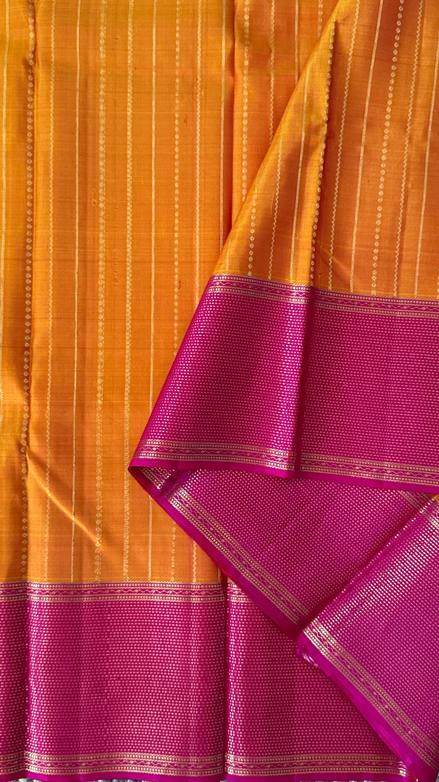 KANJIVARAM PURE SILK HANDLOOM SAREE in Mustard Yellow and contrast Pink Border and Pallu
