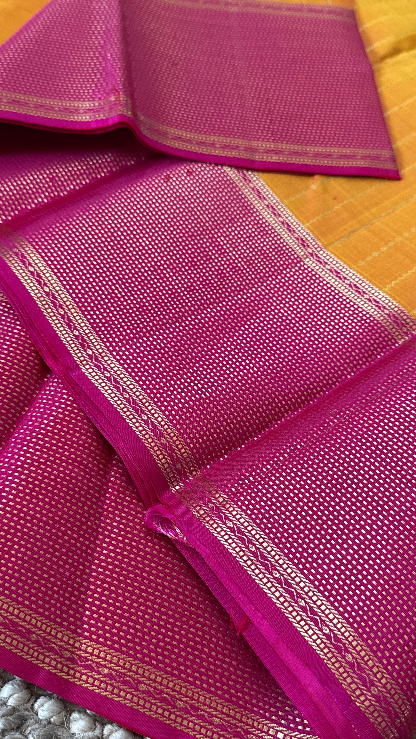 KANJIVARAM PURE SILK HANDLOOM SAREE in Mustard Yellow and contrast Pink Border and Pallu