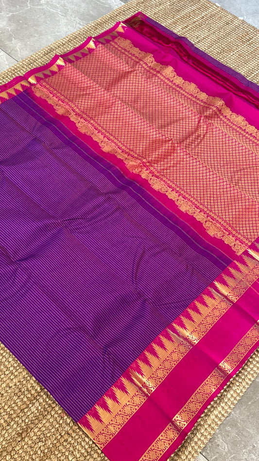 KANJIVARAM PURE SILK HANDLOOM SAREE in Purple and contrast Pink Border and Pallu