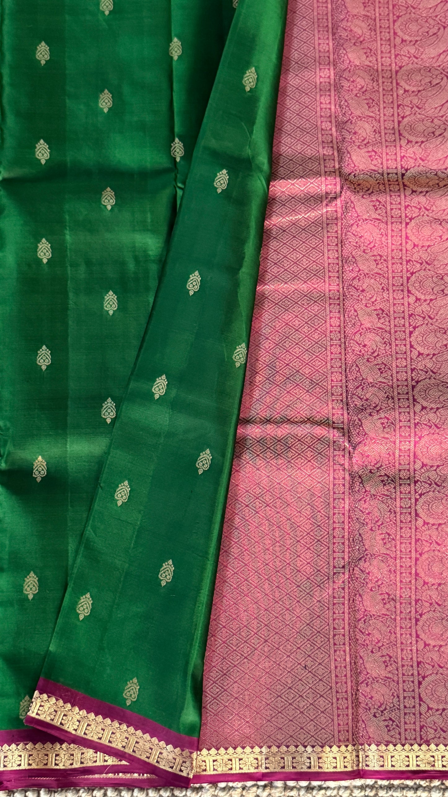 KANJIVARAM PURE SILK HANDLOOM SAREE in Bottle Green and Purple Elegance