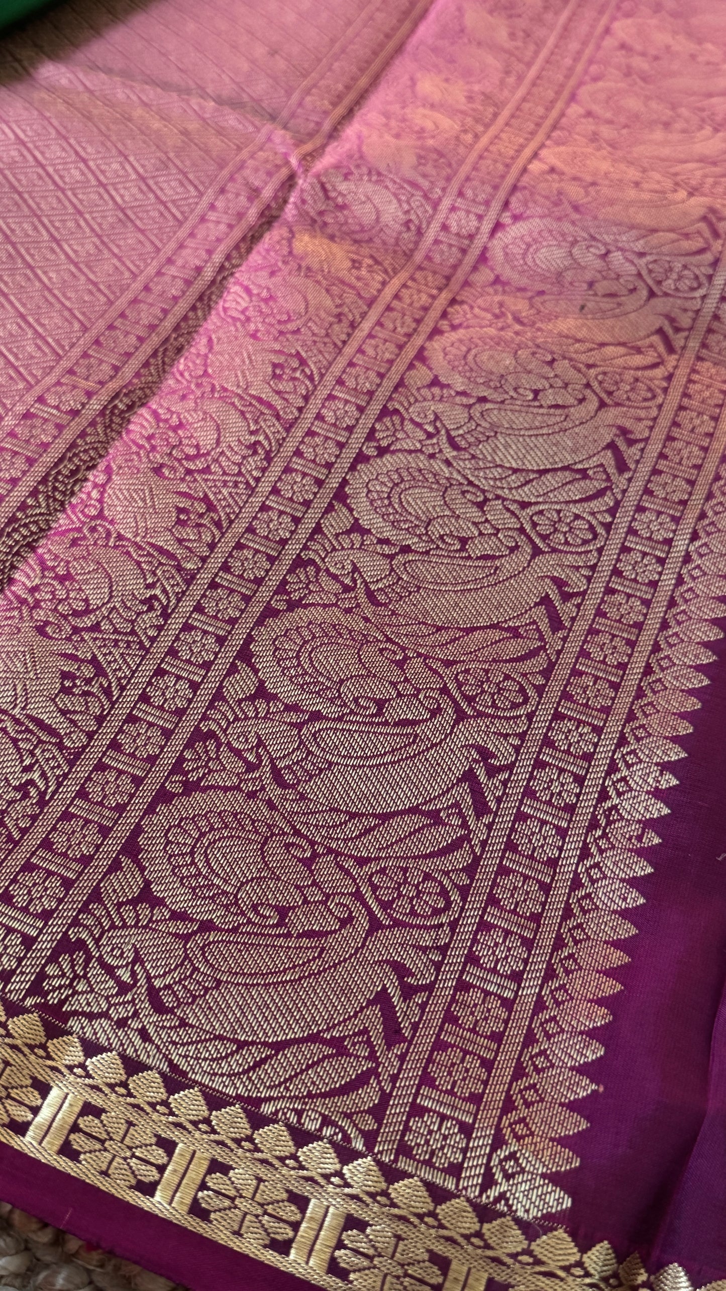 KANJIVARAM PURE SILK HANDLOOM SAREE in Bottle Green and Purple Elegance