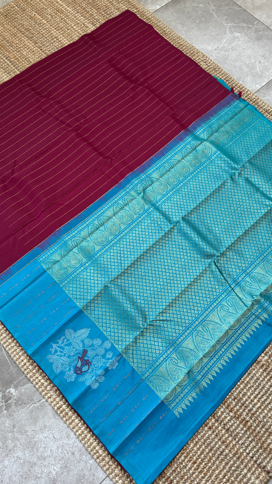 KANJIVARAM PURE SILK HANDLOOM SAREE β MAROON & BLUE, BORDERLESS WITH DUAL ZARI MOTIFS